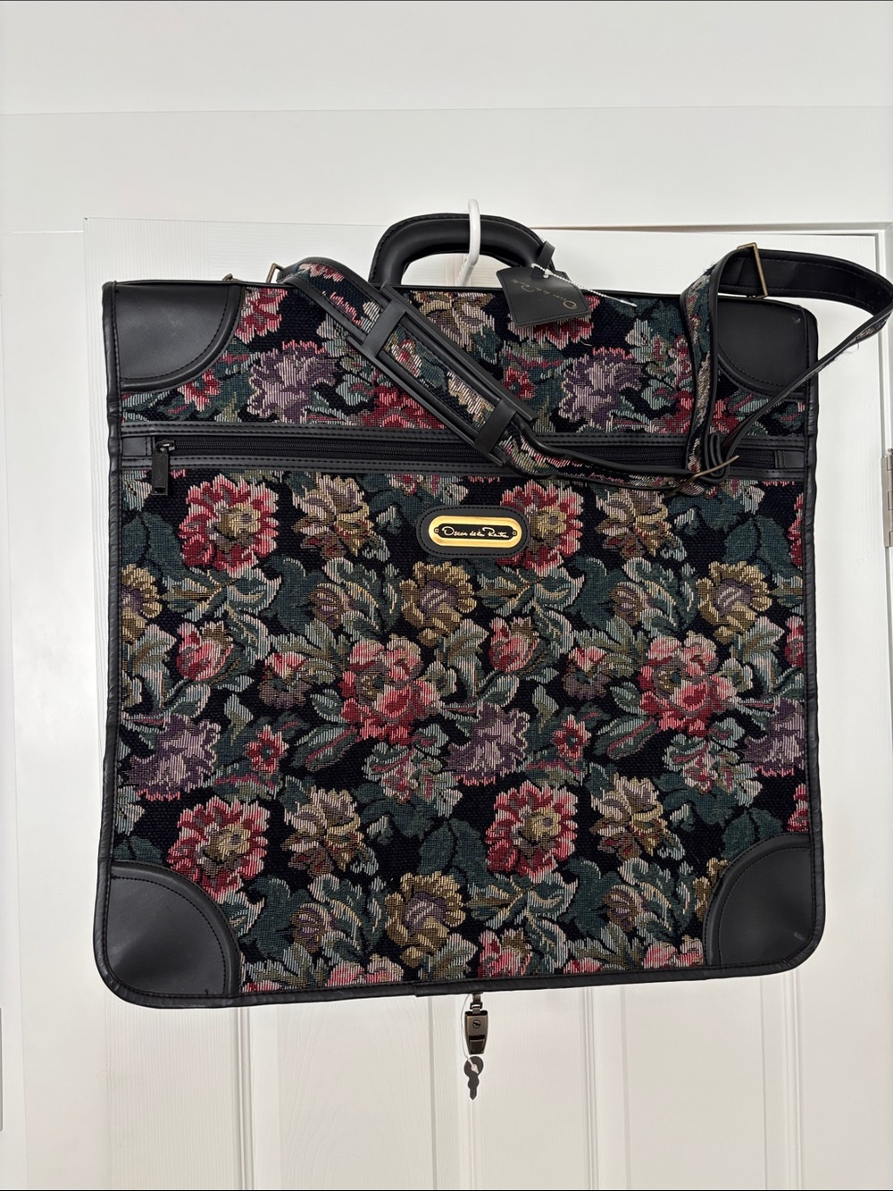 Oscar de la Renta vintage Floral Tapestry Garment Bag Black Multicolor Blooms
